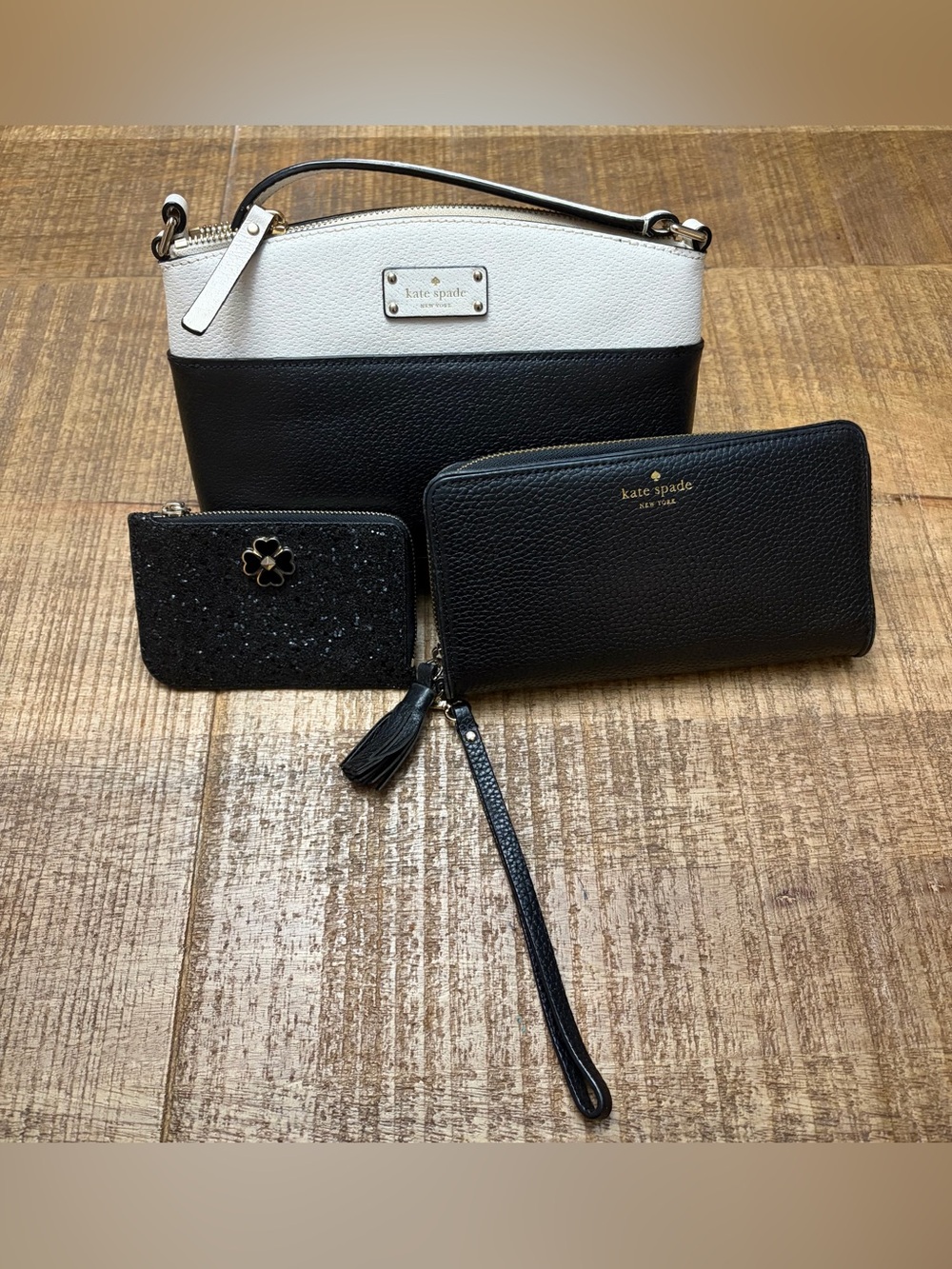 kate spade Black and White Purse, Zip Wallet & Glitter Card Pouch Set